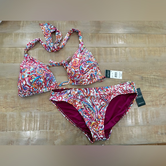 Lauren Ralph Lauren mystic paisley plum bikini nwt swim top and bottom - Picture 1 of 16